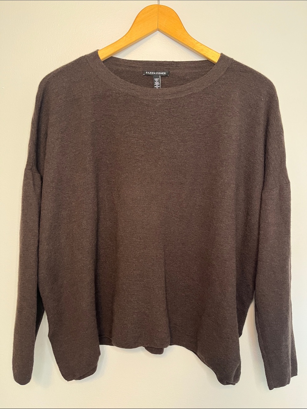 Eileen Fisher 100% Merino Wool Chocolate Brown Crewneck Boxy Sweater